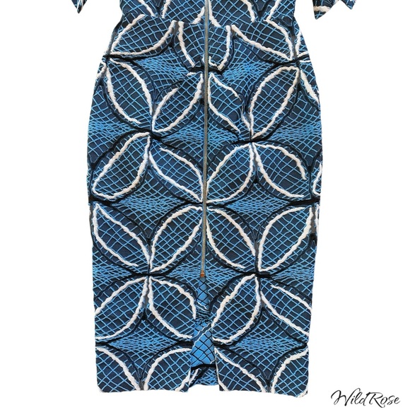 ROLAND MOURET “BANCROFT” BLUE GEOMETRIC PRINT EMBROIDERED MIDI PENCIL DRESS SZ 6 - Picture 5 of 15